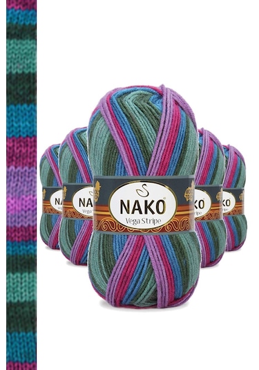5 Adet Vega Stripe Premium Akrilik El Örgü İpi Yünü No: 82408 RYL-NWNKVS82408-5