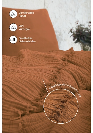 %100 Pamuk Çift Kişilik Müslin Yatak Örtüsü 4 Katlı Yumuşak Battaniye Müslin Pike Takımı 3 Parça Turuncu Turuncu