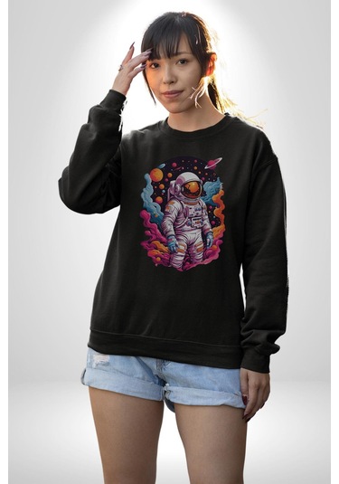 Ay Mars Astronot Unisex Siyah Baskılı Sweatshirt Siyah