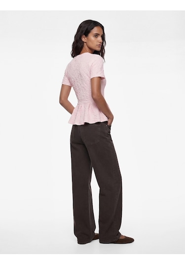 Koton Slim Fit Bisiklet Yaka Kısa Kollu Dokulu Peplum Bluz Pembe 6sak70020uk Gül