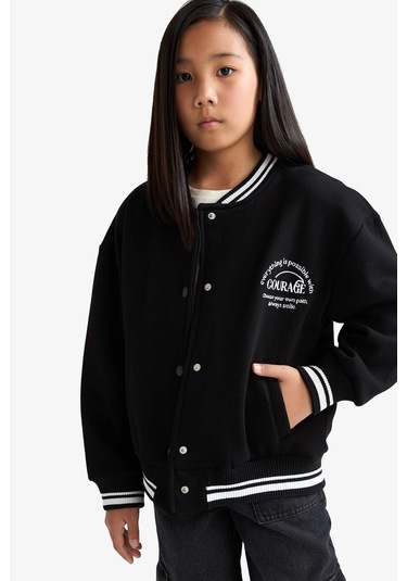 Defacto Kız Çocuk Okula Dönüş Slogan Baskılı Bisiklet Yaka Kalın Sweatshirt Kumaşı Hırka F2194a825aubk81 Siyah