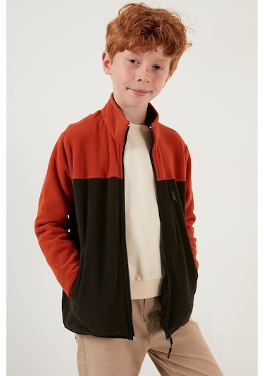Lela Yumuşak Dokulu Fermuarlı Renk Bloklu Dik Yaka Cepli Hırka Unisex Çocuk Polar 5905001 Orange-Antrasit