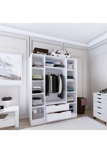 140 Cm Mat Beyaz 4 Kapılı 2 Çekmeceli Elbise Dolabı - Gardırop Beyaz