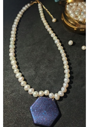 24k Altın Kaplama Gerçek İnci Sedef Gece Akrilik Detaylı Kolye Be Çok Renkli