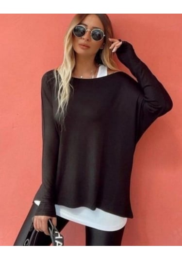 Tua Moda Kadın Uzun Kollu Tek Omuzdan Açık Çilek Bluz Ve Viskon Atlet Ikili Takım Siyah