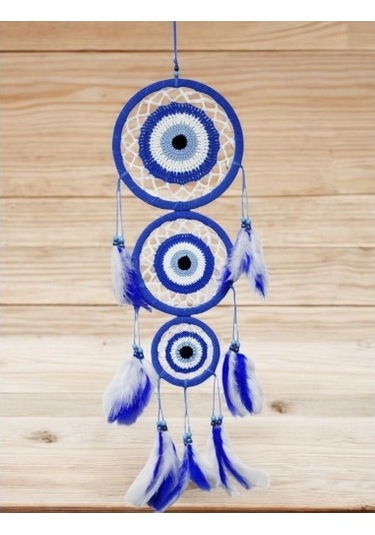 Nazar Motifli Üç Çemberli Kuş Tüylü Mavi Duvar Süsü 02-10mm 5yards
