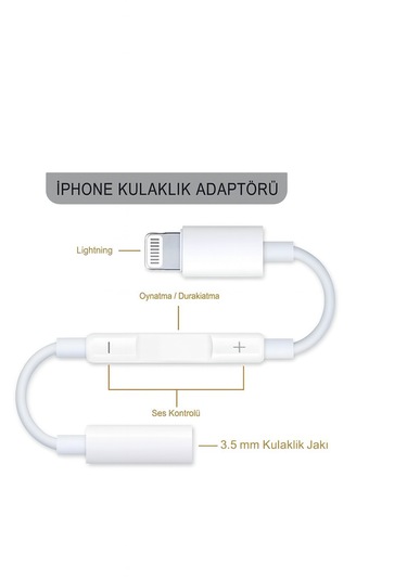 İphone İpad 8 Pin Lightning Aux Çevirici - 3.5 Mm Kablodan Kontrollü Jack Kulaklık Adaptörü 1 Adet