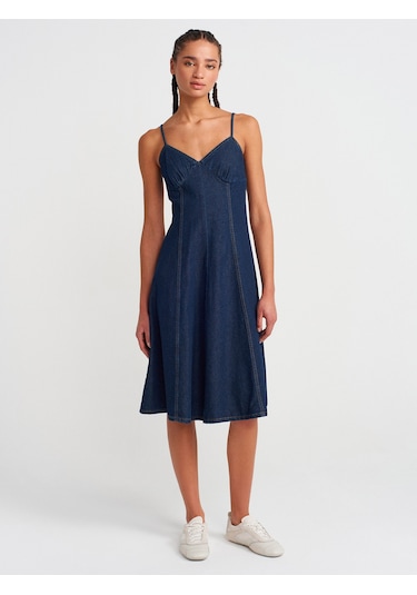 Dilvin 90549 Askılı Denim Midi Elbise-lacivert Lacivert