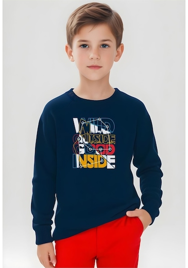 Wild Outside Good Inside Baskılı Erkek Çocuk Yuvarlak Yaka Lacivert Sweatshirt Lacivert