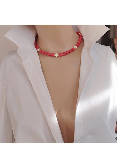 Luna Yonca Detaylı Lav Taşı Choker Doğal Taş Kolye Kırmızı