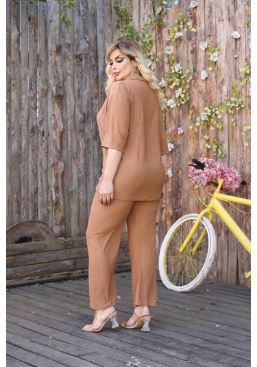 Kadın Günlük Patlı Gömlek Yaka Pantolon Takım Bürümcük Kumaş Camel
