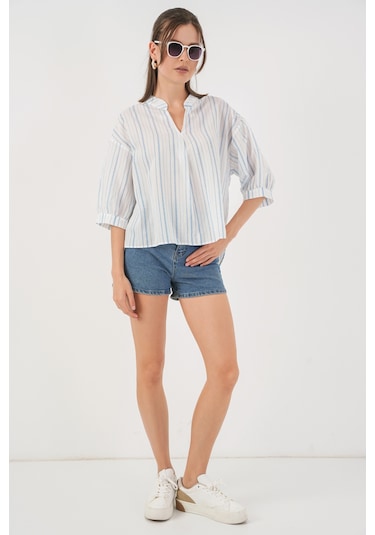 Bigdart Kadın Çizgili Oversize Bluz 967 - A.Mavi
