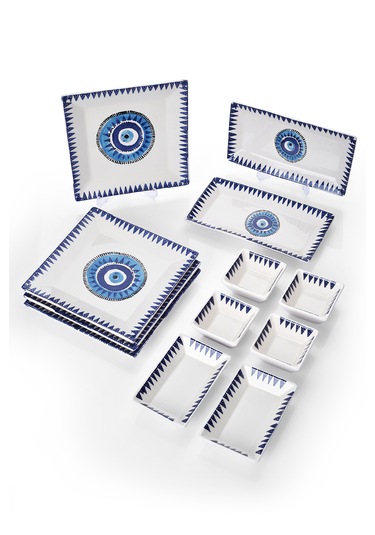 Piatti Naturali 12 Parça 4 Kişilik Nazar Kahvaltı Takımı Handmade Sunum Set Mavi