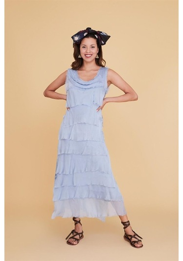 Italyan 2 Beden İnce Gösteren Kat Kat Kolsuz Ipek Elbise Açık Mavi