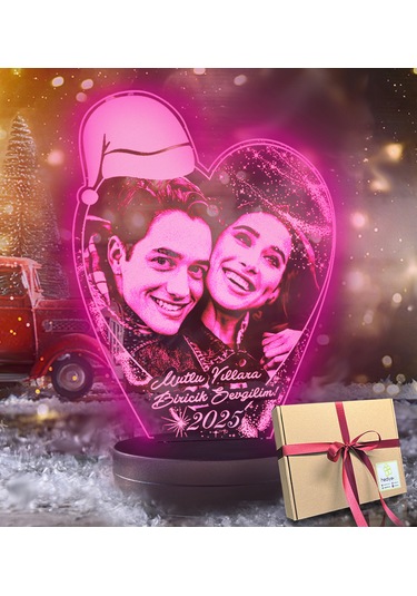 Yılbaşı Hediyesi Kişiye Özel Noel Baba Şapkalı Kalp 3d Led Gece L