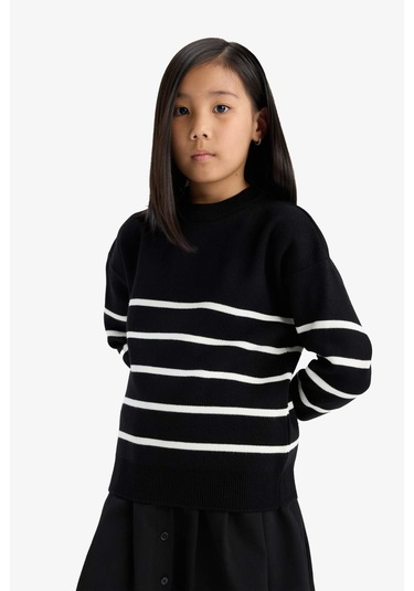 Defacto Kız Çocuk Bisiklet Yaka Çizgili Triko Kazak Z0194a625aubk27 Siyah