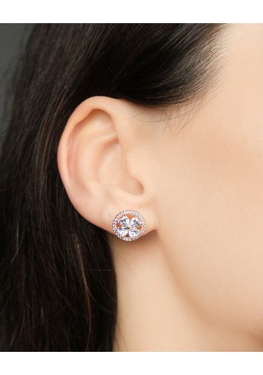 Lekka Design Kadın Kararmaz Çelik Lüks Takı Zirkon Taşlı Yoncalı Yuvarlak Abiye Küpe Altın