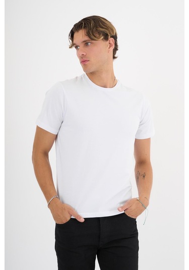 Erkek Beyaz %100 Pamuklu Standart Kalıp Likralı Basic T-shirt Siyah