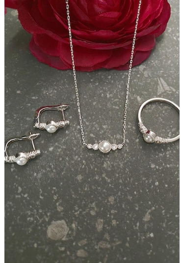 Çıtır Doğal İncili 0,45 Karat Pırlanta Küpe Kolye Yüzük Üçlü Set 10 / Sarı Gümüş