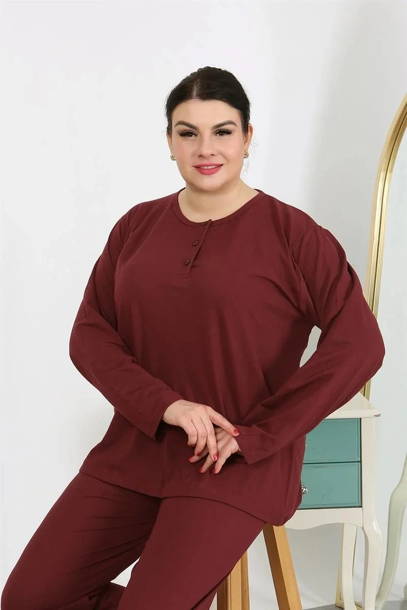 Moda Kadın Büyük Beden Uzun Kol Penye Pijama Takımı Bordo Bordo