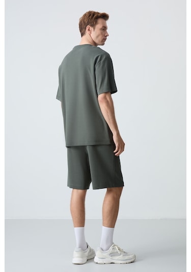 Haki Pamuklu Kalın Yumuşak Dokulu Oversize Fit Basic Erkek Şort Takım - 85259