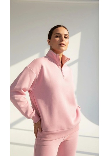 Kazax 3 İplik Şardonlu Yarım Fermuarlı Sweatshirt Somon Somon