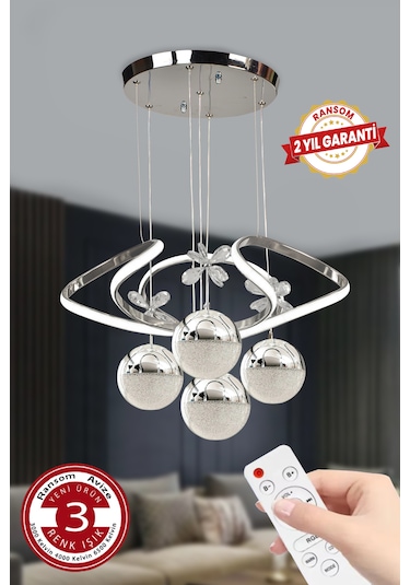 4 Toplu Kumandalı 3 Renk Büyük Salon Avize Krom Gümüş Kasa Dron