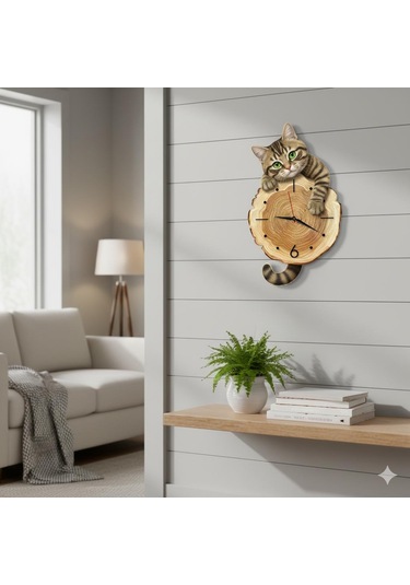 Cajuart Kütük Üzerinden Bakan Tekir Kedi Tasarımlı Duvar Saati Modern Dekoratif Saat Kahverengi