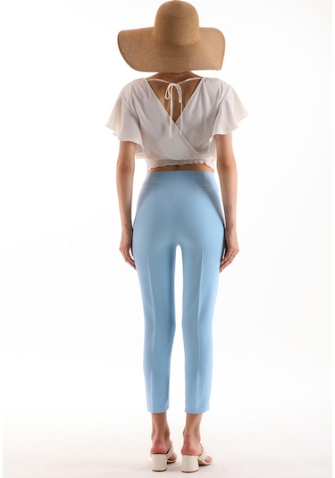 Yüksek Bel Pileli Filota Cep Görünümlü Dabıl Kumaş Pantolon Mavi