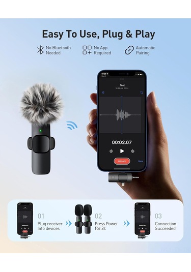 Teltree K15 Kablosuz Lavalye Mikrofonu: 3.5mm+android+App Üç Arabirim, Gerçek Zamanlı İzleme, Akıllı Gürültü Azaltma, Uzun Pil Ömrü