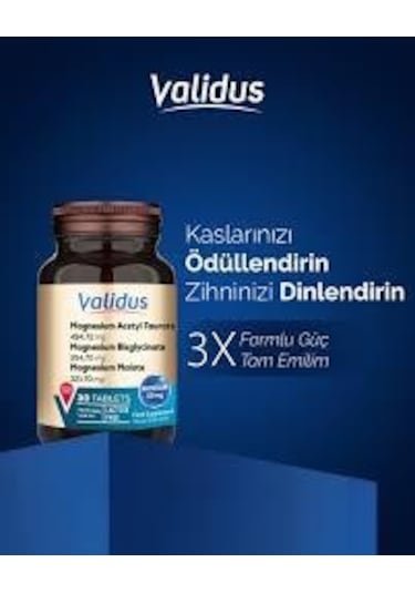 Validus Magnezyum Complex Bisglycinate Taurat Malat Vitamin B6 Vitamin D3 1000 Ünite 30 Tablet