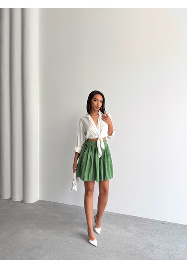 Kadın Modal Dokulu Piliseli Şortlu Mini Etek Yeşil