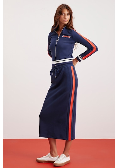 Anıta Kadın Örme Slim Fit Parça Baskılı Dik Yaka Lacivert Ceket