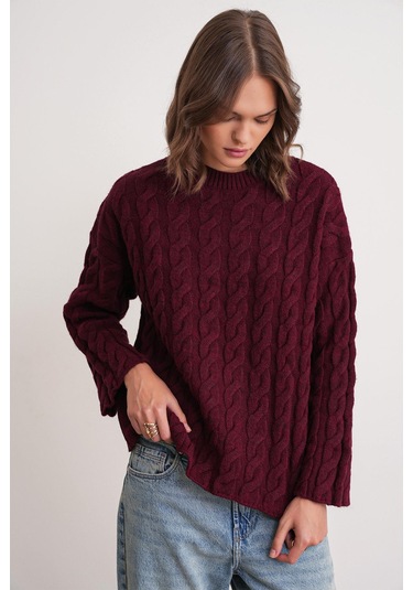 6973 Kadın Saç Örgülü Regular Basic Triko Kazak Bordo Bordo