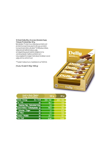 Delly Muz Aromalı Çikolata Kaplı Yüksek Protein Bar 12 x 40 G