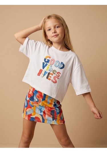 Zekids Kız Çocuk Good Vibes Baskılı Oversize T-shirt-17189 Ekru