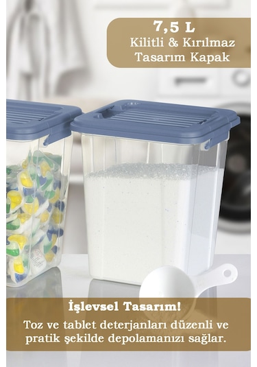 2'li Organizer Box 7,5l Un Bakliyat Erzak Kabı Kilit Kapaklı Düzenleyici Deterjanlık Saklama Kutusu Mavi