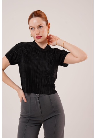 Fitilli Kısa Kollu Parlak Siyah Bluz Antrasit Melanj