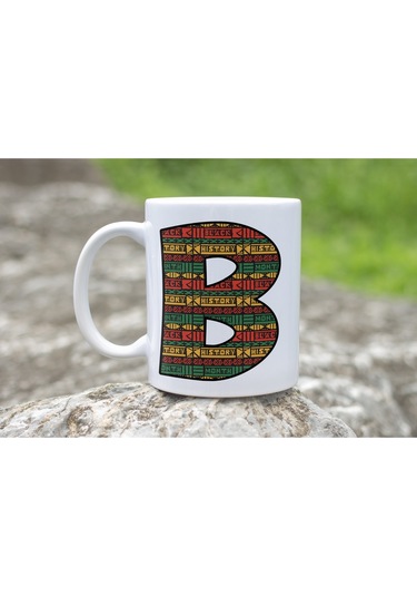 B Harfi Etnik Desenli Kupa - Afrika Tarzı Kahve Çay Kupası - Hediyelik - Black History Beyaz