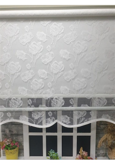 Storburada Çift Mekanizmalı Kirli Beyaz Tül Perde Ve Ekru Stor Perde Stb1093 Beyaz