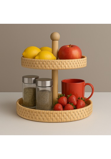 El Yapımı 2 Katlı Doğal Rattan Sunumluk Yuvarlak Servis Tepsisi 25 Cm & 30 Cm Rattan