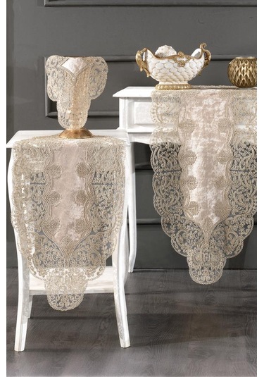 Fransız Güpürlü Kadife Sırma Salon Takımı 5 Parça Cappucino Cappucino