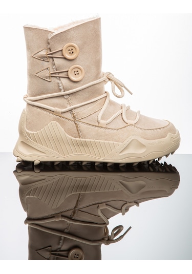 Kadın Günlük Nubuk Deri Kar Bot Bootie Postal İçi Kürklü Düğmeli Ve Bağcıklı Kaymaz Taban 501 Bej