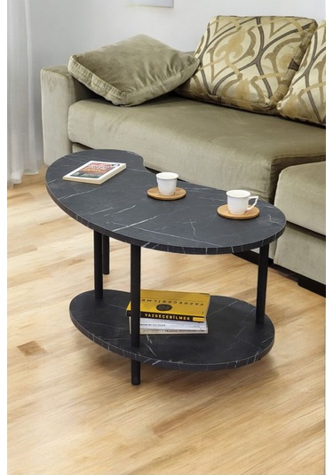 Fasülye Orta Sehpa Ahşap Ayaklı Sehpa Iki Raflı Sehpa Dekoratif Sehpa Gazetelikli - Mermer Mermer