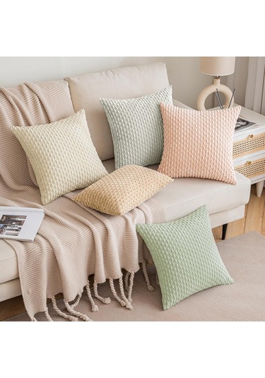 Moveevo Ev Dekorasyonu Yumuşak Plüsh Yastık Kılıfı 2 Adet, 18x18 İnç, Bej, Çekmeceli Desen, İç Dolgu Yok Diğer