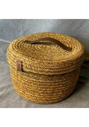 Uretti - Fatma 7987 - El Yapımı Bambu İp Deri Saplı Kapaklı Çok Amaçlı Organizer Sepet Kahverengi