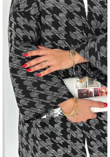 Kazayağı Desenli Kimono Siyah Siyah