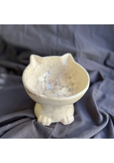 Bylewoo Siyah Beyaz Ebru Desen Kedicik Model Seramik Mama Kabı