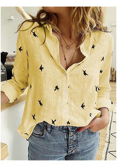Kadın Saf Renk Rahat Bol Uzun Kollu Keten Gömlek Sarı