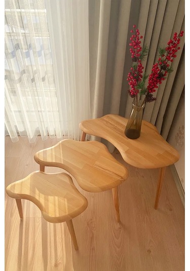 Fawdecor Asimetrik Naturel Masif Doğal Ahşap Zigon Sehpa 3'lü Set